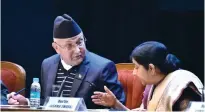  ?? - PTI ?? LECTURE: Nepal Prime Minister K. P. Sharma Oli and External Affairs Minister Sushma Swaraj at the 21st Sapru House Lecture organised by Indian Council of World Affairs, in New Delhi on Monday.