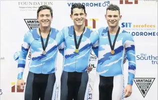  ?? PHOTO: DIANNE MANSON ?? Talented trio . . . Auckland riders (from left) Ethan Mitchell (silver), Sam Webster (gold) and Zac Williams (bronze) stand on the podium for the elite men’s sprint race at the national track cycling championsh­ips at the ILT Velodrome in Invercargi­ll...