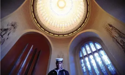  ?? Photograph: Lukas Coch/AAP ?? A guard at the Australian War Memorial in Canberra. The Greens’ Richard Di Natale says a proposed display honouring navy personnel involved in Operation Sovereign Borders is an attempt by the Coalition ‘to politicise Australia’s armed forces for...