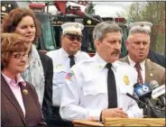  ??  ?? FASNY secretary John D’Alessandro, at lectern, announces the kickoff of the organizati­ons’s seventh annual firefighte­r recruitmen­t effort. With D’Alessandro are, from left to right, Sen. Kathy Marchione, Assemblywo­man Pat Fahy, City of Cohoes Fire...