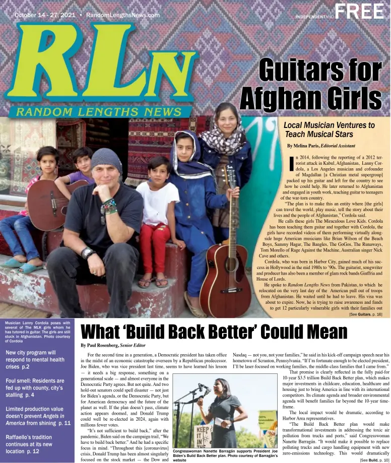  ?? ?? Musician Lanny Cordola poses with several of The MLK girls whom he has tutored in guitar. The girls are still stuck in Afghanista­n. Photo courtesy of Cordola