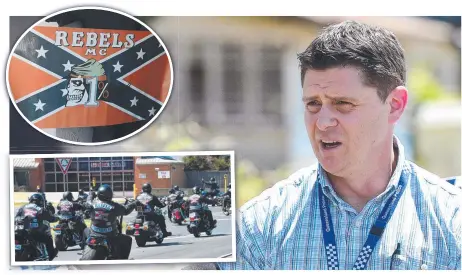  ?? ?? Northern Major Organised Crime Squad officer-in-charge Detective Senior Sergeant Phil Watts; (inset top) A Rebels MC flag; (inset bottom) Rebels’ members on the road.