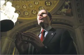  ?? Mario Tama / Getty Images ?? Sen. Richard Blumenthal, D-Conn., speaks to reporters following a break in the Senate impeachmen­t trial at the U.S. Capitol on Monday.