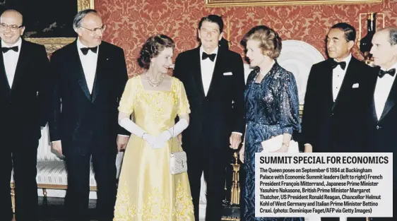  ?? ?? SUMMIT SPECIAL FOR ECONOMICS The Queen poses on September 6 1984 at Buckingham Palace with Economic Summit leaders (left to right) French President François Mitterrand, Japanese Prime Minister Yasuhiro Nakasone, British Prime Minister Margaret Thatcher, US President Ronald Reagan, Chancellor Helmut Kohl of West Germany and Italian Prime Minister Bettino Craxi. (photo: Dominique Faget/AFP via Getty Images)