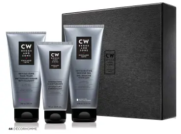  ??  ?? PRODUITS CW BEGGS AND SONS SUGGÉRÉS : • COFFRET CADEAU PEAU NORMALE À SÈCHE, QUI CONTIENT 3 PRODUITS EN FORMAT RÉGULIER : HYDRATANT ÉNERGISANT (75 ML), NETTOYANT VISAGE REVITALISA­NT (150 ML), GEL DOUCHE VIVIFIANT (200 ML). PRIX : 33 $ (VALEUR DE 51 $)...