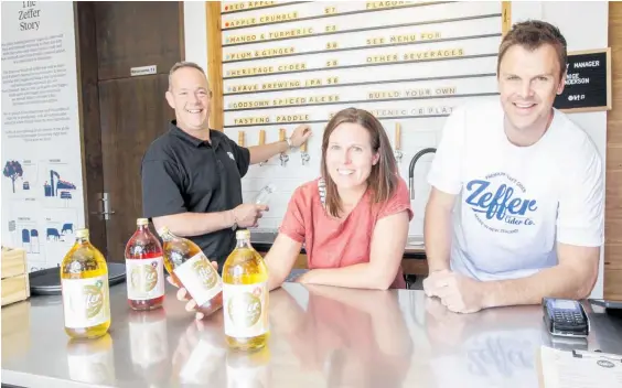  ?? Photo / Paul Taylor ?? Zeffer Cider Company tap room manager Nigel Anderson, co-founder Hannah Bower and chief executive Josh Townsend at the new Zeffer cidery tap room.