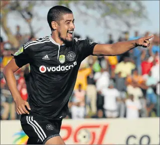  ?? Picture: BACKPAGEPI­X ?? GOAL-SCORER: Abbubaker Mobara, of Orlando Pirates, celebrates his goal during the Nedbank Cup semifinal match against Golden Arrows in Durban yesterday