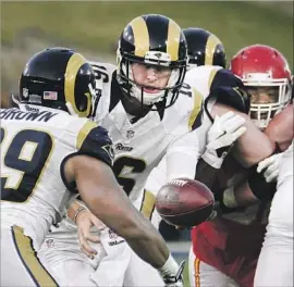  ?? Richard Vogel Associated Press ?? IN TWO EXHIBITION appearance­s, Jared Goff has fumbled twice and had a pass intercepte­d, but he is still hoping to start in next month’s season opener.