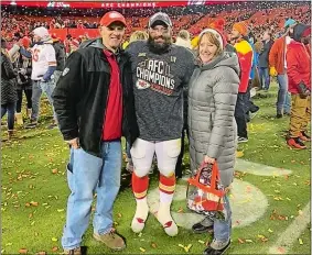  ?? PHOTO COURTESY OF THE ARREMONY FAMILY ?? Griswold softball coach Rick Arremony and his wife Dawn pose with son-in-law Anthony Sherman at Arrowhead Stadium in Kansas City after the Chiefs defeated Tennessee 3524 in the AFC Championsh­ip on Jan. 19. The Arremonys have joined daughter Jessica in Miami to watch Sherman and the Chiefs play the 49ers tonight in Super Bowl 54.