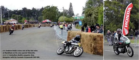  ??  ?? MAIN Andrew Drake scores one of his two wins at Wyndham on his very special Velocette. BELOW LEFT Australian double amputee Alan Kempster with his Formula 3 Kawasaki ZXR 400. ABOVE Owner Phil Price on the ex-Les Diener 250cc Eldee Mk2.