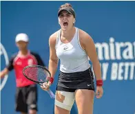  ?? Frank Gunn/The Canadian Press via AP ?? ■ Bianca Andreescu, of Canada, celebrates a point on her way to defeating Sofia Kenin, of the United States during the Rogers Cup women’s tennis tournament Saturday in Toronto.