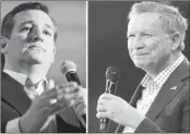  ??  ?? This combinatio­n of file photos shows Republilca­n presidenti­al candidates Ted Cruz(L) and John Kasich.