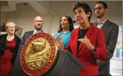  ?? JUSTIN SULLIVAN / GETTY IMAGES ?? California assemblyme­mber Susan Eggman speaks in support of sites offering supervised drug consumptio­n, or “supervised injection sites,” at a press conference in San Francisco on Tuesday.