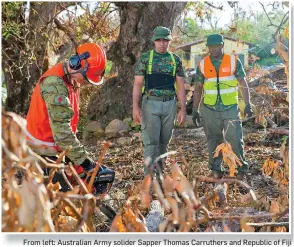  ?? Photo: Australian High Commission ?? From left: Australian Army solider Sapper Thomas Carruthers and Republic of Fiji Military Forces engineers Nathan Sitima and Matavudi clear a landing zone for a MRH-90 Taipan Multi Role Helicopter to drop building materials for Galoa Primary School.