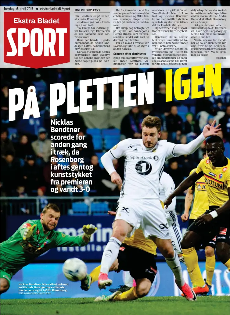  ?? FOTO: DIGITALSPO­RT/SJUR STØLEN ?? Nicklas Bendtner blev skiftet ind med en lille halv time igen og kvitterede med en scoring til 2-0 for Rosenborg.