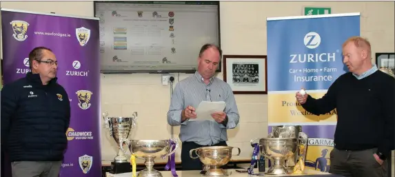  ??  ?? P.J. Howlin (P.R.O.), Derek Kent (Chairman) and Micheál Martin (Vice-Chairman) conducting the county championsh­ip draws in Chadwicks Wexford Park yesterday (Monday).