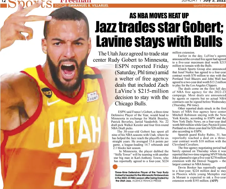  ?? AGENCE FRANCE PRESSE ?? Three-time Defensive Player of the Year Rudy Gobert is headed to the Minnesota Timbewolve­s in the 2022-23 NBA season after being traded by
the Utah Jazz.