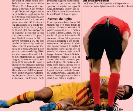  ??  ?? Che botta per il Barça!
Luis Suarez, 33 anni il 24 gennaio, si è da poco fatto operare per pulire il ginocchio destro: starà fuori 4 mesi