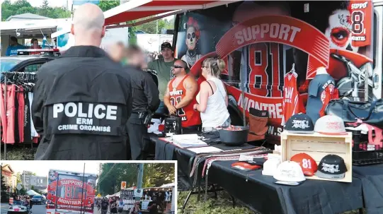  ?? PHOTOS COLLABORAT­ION SPÉCIALE SIMON-PIER OUELLET ET COURTOISIE ?? Le kiosque Support 81 Montreal aux couleurs des Hells Angels était bien visible près de la scène Budweiser hier au Rockfest de Montebello, en Outaouais. Ci-contre, le groupe de sympathisa­nts a quitté le site du festival de musique après avoir reçu la...