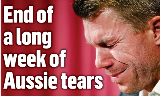  ??  ?? TEARS: David Warner breaks down during a press conference in Sydney in the wake of his year-long ban for his part in the ball-tampering affair