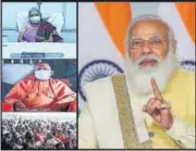 ?? ANI ?? PM Narendra Modi addressing a gathering at the foundation stone laying ceremony of Maharaja Suheldev Memorial and developmen­t work of Chittaura Lake at Bahraich, via video conferenci­ng, in New Delhi on Tuesday. Also seen are Governor Anandiben Patel and CM Yogi Adityanath.
