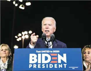  ?? JOSH HANER/NEW YORK TIMES ?? Former Vice President Joe Biden greets supporters in Los Angeles on Super Tuesday. Biden’s surprising surge Tuesday — he won 10 of the 14 races — has recast the nominating contest.