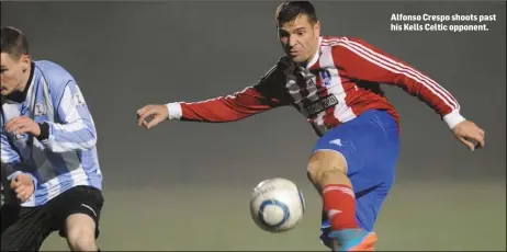  ??  ?? Alfonso Crespo shoots past his Kells Celtic opponent.