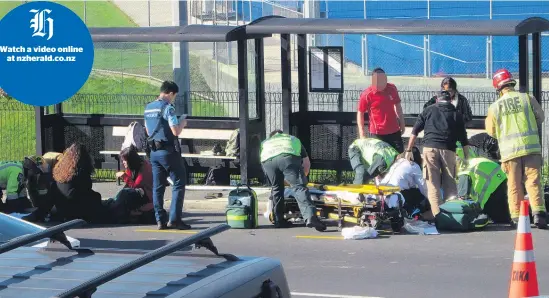  ?? Pictures / Supplied (above), Doug Sherring (left) ?? Students were spread over several metres after a car (left) hit them outside Westlake Girls, according to a witness.