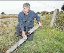  ?? Photo: JOHN HAWKINS/FAIRFAX NZ
627811268 ?? Not happy: Morton Mains sheep and beef farmer Neil Blackmore inspects his broken fence after a vehicle crashed into it this week.