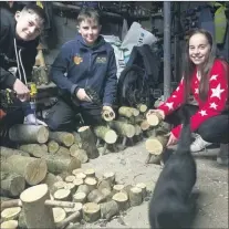  ?? (Pic: Marian Roche) ?? Cormac, Eoghan and QC Ciara Vaughan with Tuxedo the cat (on the run), hard at work making some Skeheenari­nky reindeer.