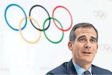  ?? [AP FILE PHOTO] ?? Mayor of Los Angeles Eric Garcetti speaks during a press conference July 11 after the Internatio­nal Olympic Committee Extraordin­ary Session, at the SwissTech Convention Centre, in Lausanne, Switzerlan­d.