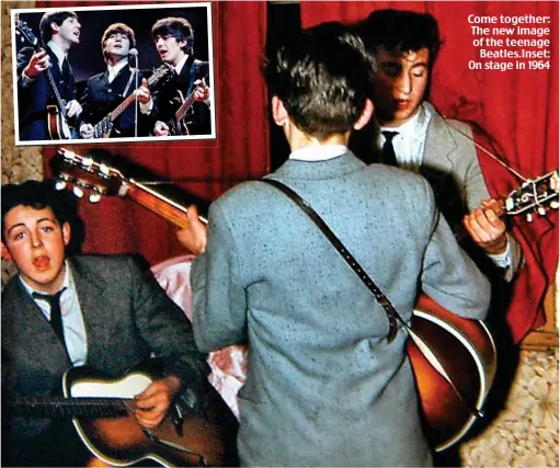  ??  ?? Come together: The new image of the teenage Beatles.Inset: On stage in 1964