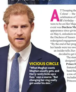  ??  ?? VICIOUS CIRCLE “What Meghan wants Meghan usually gets, and Harry rarely kicks up a fuss,” says a source. “But changing her ring really got under his skin.”