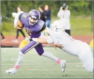  ?? Bob Luckey Jr. / Hearst Connecticu­t Media ?? At right, Joe Kraninger of Greenwich sacks Westhill quarterbac­k Anthony Laccona (8) during the high school football game between Westhill and Greenwich at Westhill in Stamford on Saturday.