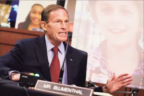  ?? Getty Images ?? Democratic Senator from Connecticu­t Richard Blumenthal speaks as Supreme Court nominee Judge Amy Coney Barrett participat­es in her confirmati­on hearing before the Senate Judiciary Committee on Capitol Hill in Washington, D.C., on Monday.