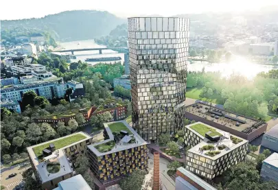  ?? [Visualisie­rung: Zechner.com/expressiv.at] ?? Auf dem Gelände der Tabakfabri­k Linz wird derzeit ein 109 Meter hoher Büro- und Hotelturm gebaut.