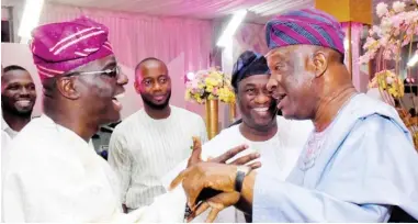  ??  ?? From left: Governorsh­ip Candidate of All Progressiv­es Congress (APC) Lagos State, Mr. Babajide Olusola Sanwo-Olu; his Deputy, Dr. Kadiri Obafemi Hamzat and the Peoples Democratic Party Candidate in Lagos State, Mr.Jimi Agbaje, at a wedding engagement between Shodipo &amp; Dosekun families, in Lagos on Saturday