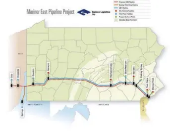  ?? GRAPHIC COURTESY OF SUNOCO LOGISTICS ?? The Mariner East pipeline project would route ethane and propane from Ohio, West Virginia and western Pennsylvan­ia to a processing station in Marcus Hook.