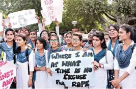  ?? PTI ?? College students demonstrat­ing over the gangrape of a teenage girl student, in Bhopal on Monday