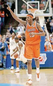  ?? [OKLAHOMAN ARCHIVES] ?? Carmelo Anthony celebrates during Syracuse’s 63-47 victory over OU in the 2003 East Regional final.