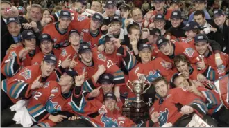  ?? KELOWNA ROCKETS/Special to The Daily Courier ?? Josh Gorges, centre front with a C on his jersey, is shown alongside the rest of the Kelowna Rockets, winners of the 2004 Memorial Cup. The team announced Thursday it will bid for the 2020 tournament.