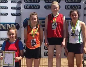  ?? U-16 Girls 100m medallists on the podium ??