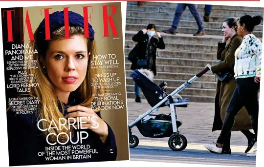  ??  ?? High profile: Carrie Symonds in April issue of Tatler
Low profile: Walking son Wilf with a friend yesterday
