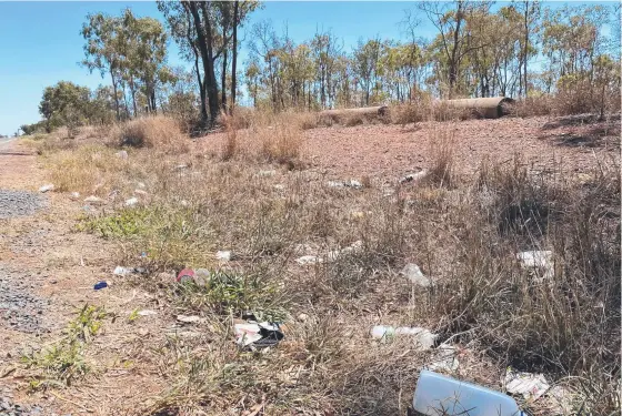  ??  ?? Litter, including toilet paper, is strewn along the side of the road at a truck stopping bay 282km south of Charters Towers.
Picture: TRUDY BROWN