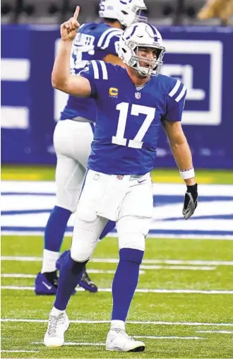  ?? MICHAEL CONROY AP ?? Colts quarterbac­k Philip Rivers reacts after throwing a touchdown in the first half vs. the Jaguars.