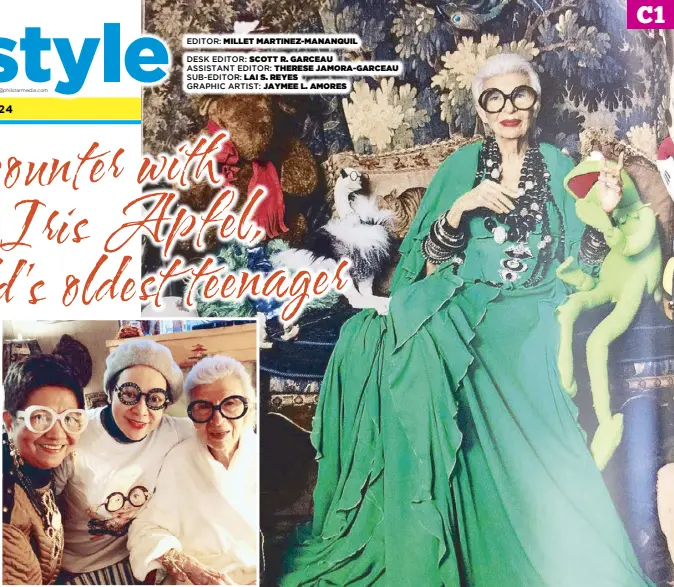  ?? ?? Apfel with author, Susan Joven and Filipino jewelry designer Ann Ong, whose works Apfel regularly wore.
Easy being evergreen: Iris Apfel, surrounded by green, from Kermit the Frog to a dress bedecked with necklaces. “You have to know yourself before you can find your own style.”