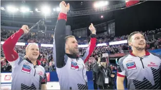  ?? CP PHOTO ?? Mark Nichols, Brad Gushue and Brett Gallant celebrate their world championsh­ip victory in Edmonton last year. After back-to-back Tim Hortons Brier titles, and the favourites for a second straight world championsh­ip, there was no reason for this team to...