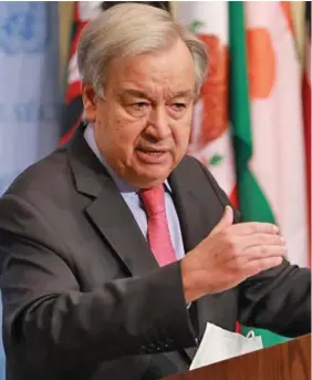  ?? Photo: Xinhua ?? United Nations secretary-general Antonio Guterres speaks to reporters at the UN headquarte­rs in New York, on October 11, 2021.