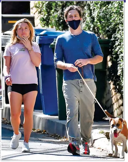  ??  ?? TAKING IT IN THEIR STRIDE: Florence in LA with partner Zach Braff and dog Billie. Inset: In her Little Women role
