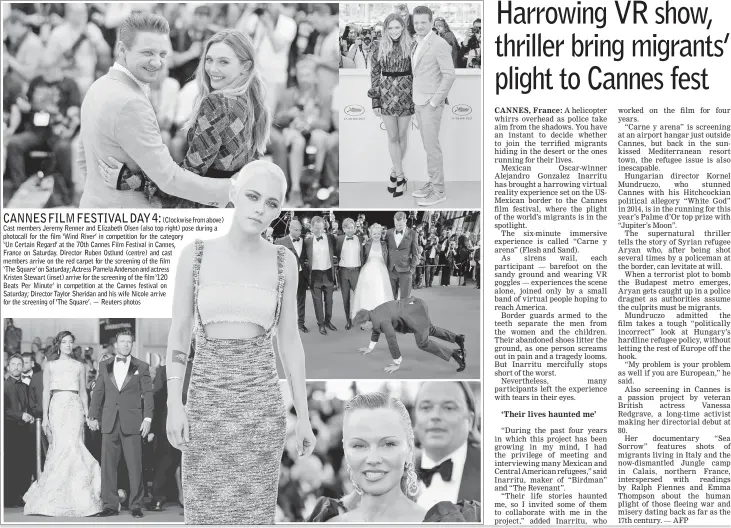  ??  ?? CANNES FILM FESTIVAL DAY 4:
(Clockwise from above) Cast members Jeremy Renner and Elizabeth Olsen (also top right) pose during a photocall for the film ‘Wind River’ in competitio­n for the category ‘Un Certain Regard’ at the 70th Cannes Film Festival...